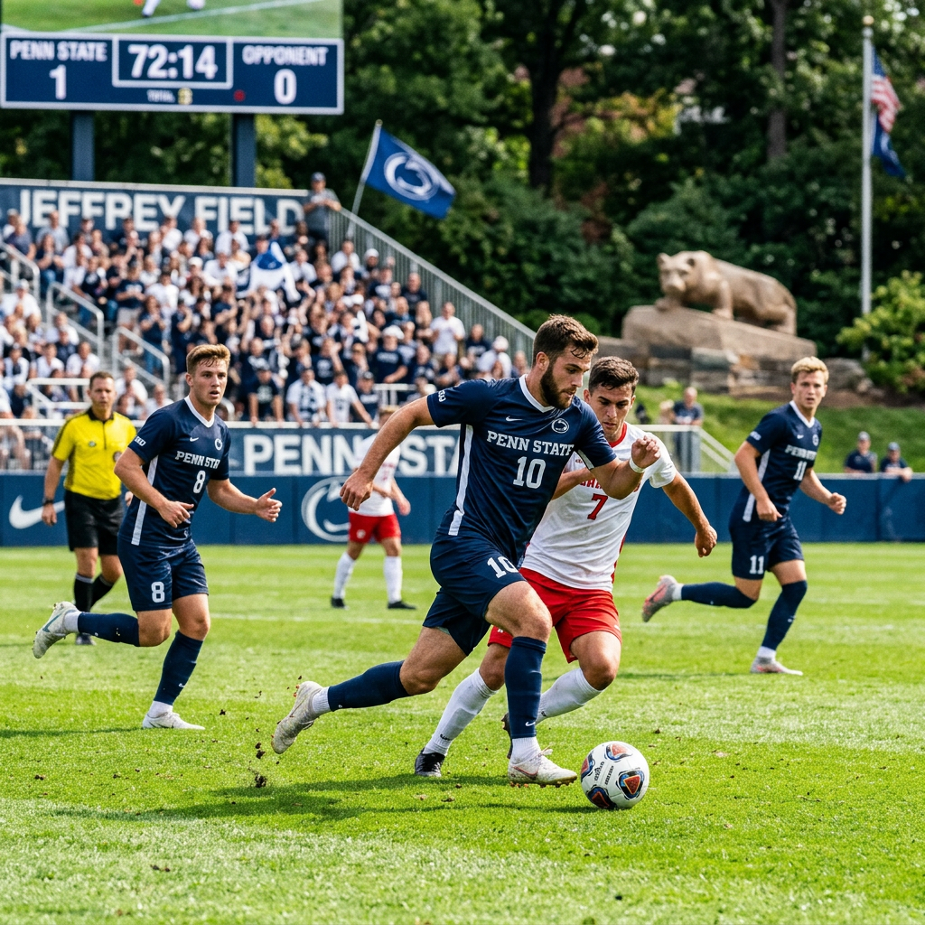 Penn State soccer players in blue jerseys battling opponent in white and red during a game at Jeffrey Field.